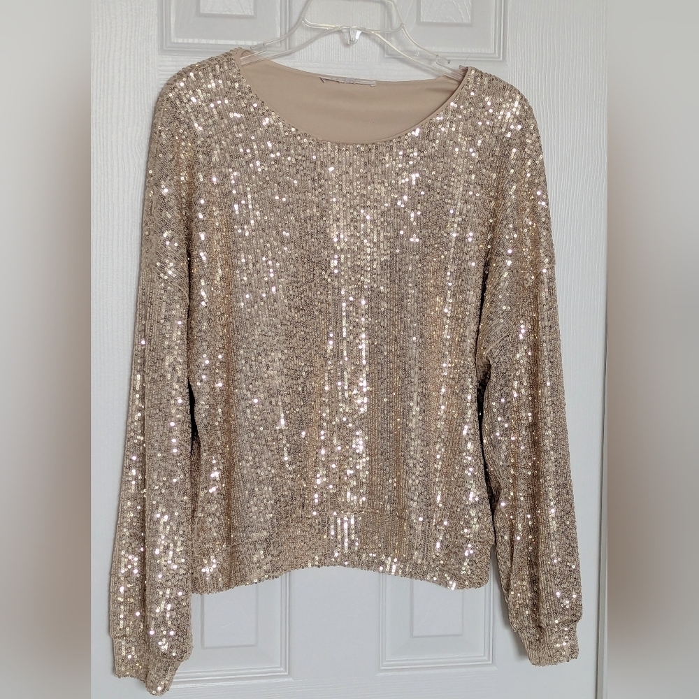 Cleo Women's (Size Medium) Lined Retro Gold Sequins Blouse/Top Party Disco